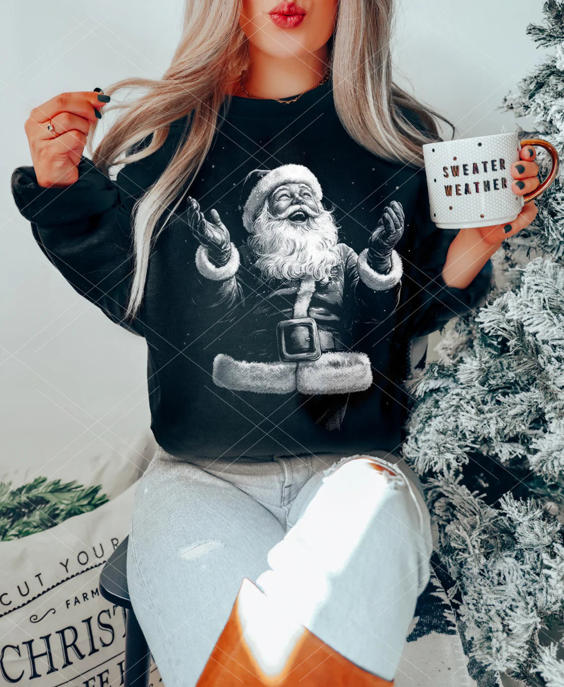 Christmas sweatshirt with vintage Santa illustration – unisex holiday crewneck in red green grey black pink