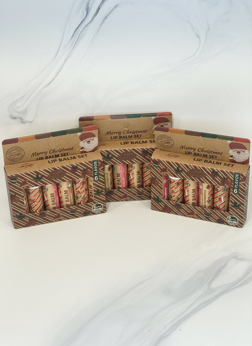 Holiday lip balm gift set with six Christmas-themed balms in festive packaging