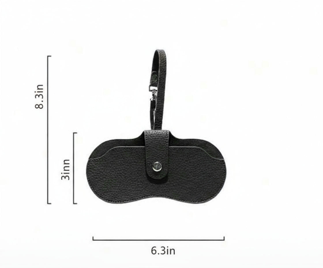 Black leather sunglass holder with measurements on a white background