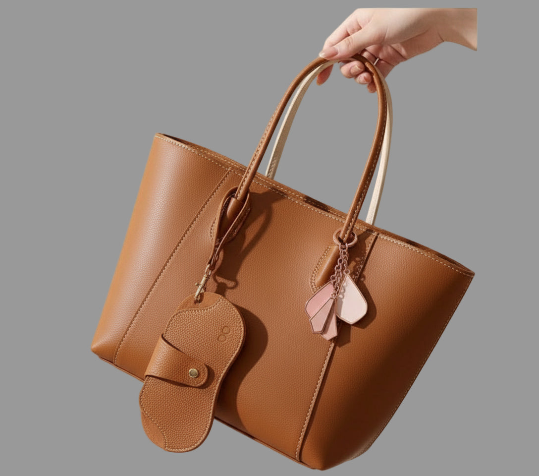 Beige handbag with a sandal-shaped keychain attached