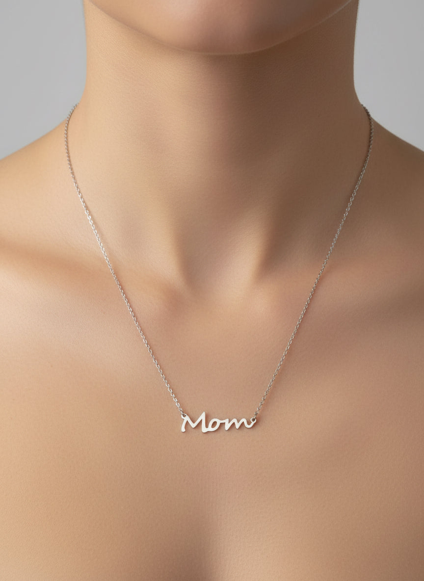Silver script ‘Mom’ necklace on a delicate chain