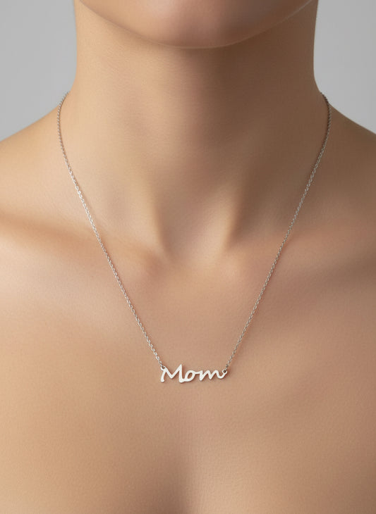 Silver script ‘Mom’ necklace on a delicate chain