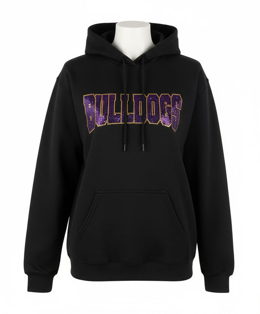 Black hoodie with 'BULLDOGS' text in purple and gold in spangle design.