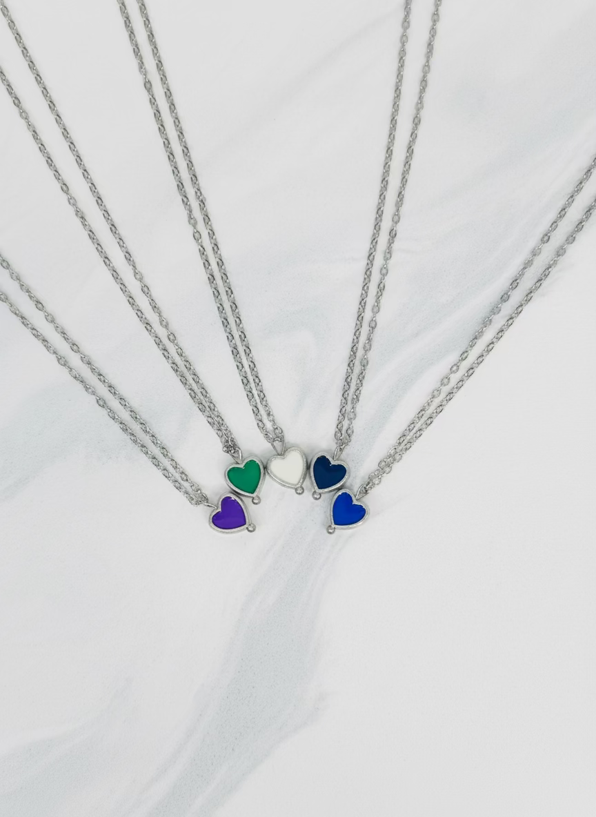 Enamel heart pendant necklaces in assorted colors on silver chain