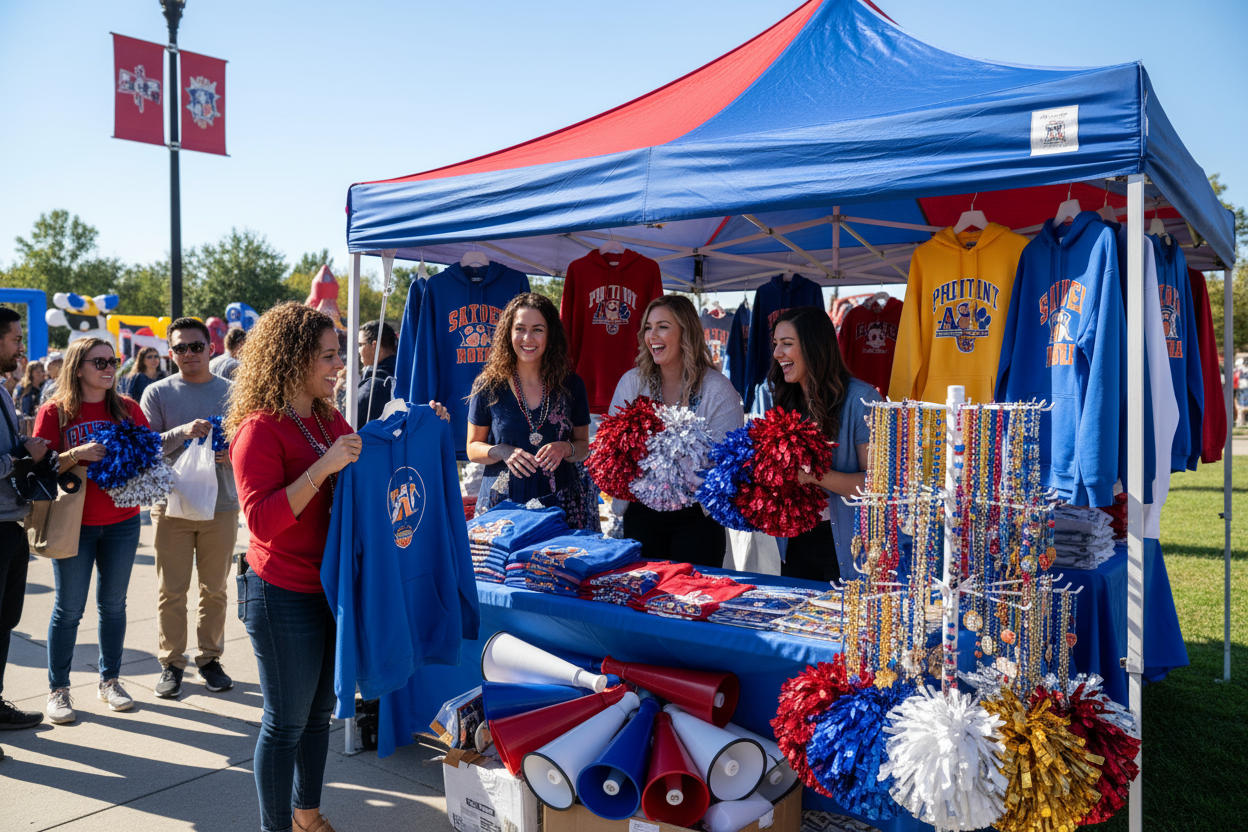 pretty women shopping at a booth at a vendor event for school spirit wear. no wording on the booth or tent. just having a good time shopping. school spirit clothing, megaphones, pom poms and jewelry displayed
