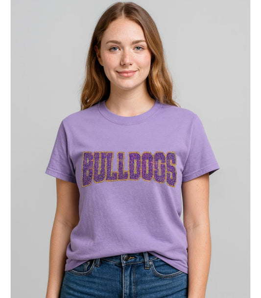 Custom spangle mascot tee with sparkling varsity lettering