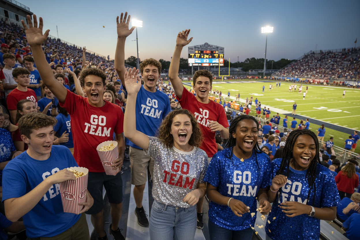 teenagers at a football game, some cheering the team on, some watching the game, some eating popcorn, women wearing spangled tees that say go team, and the men wearing solid color tees that say go team