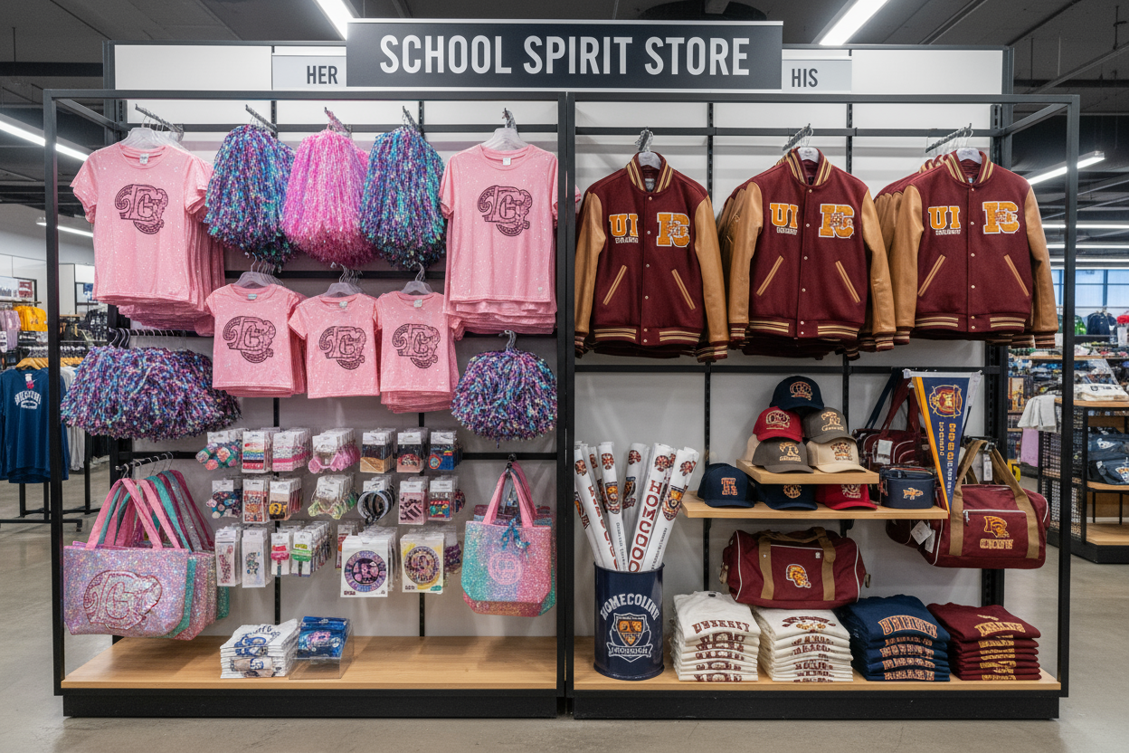 Variety of school spirit items in a store, girly flashy stuff for women and items for men too