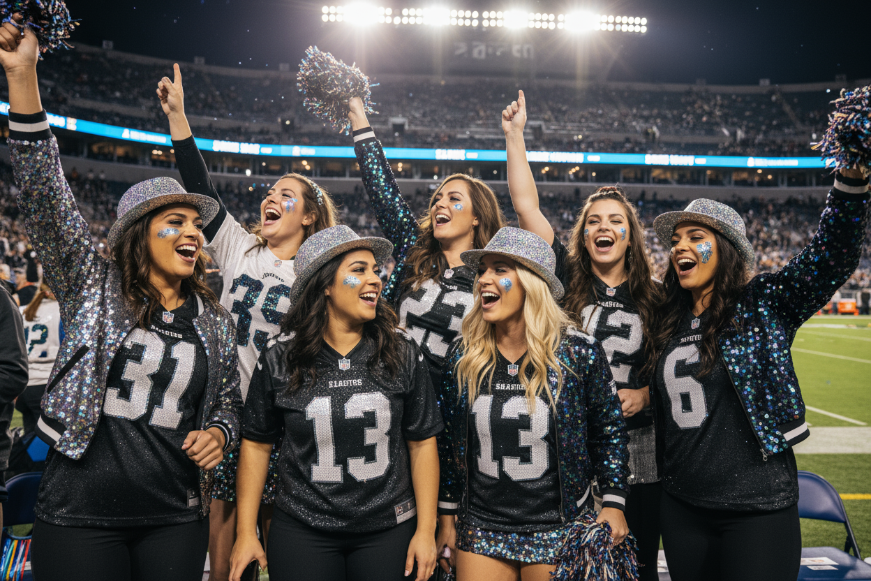 women in the stands at a football game in the stadium wearing sparkly spirit wear talking and laughing and cheering